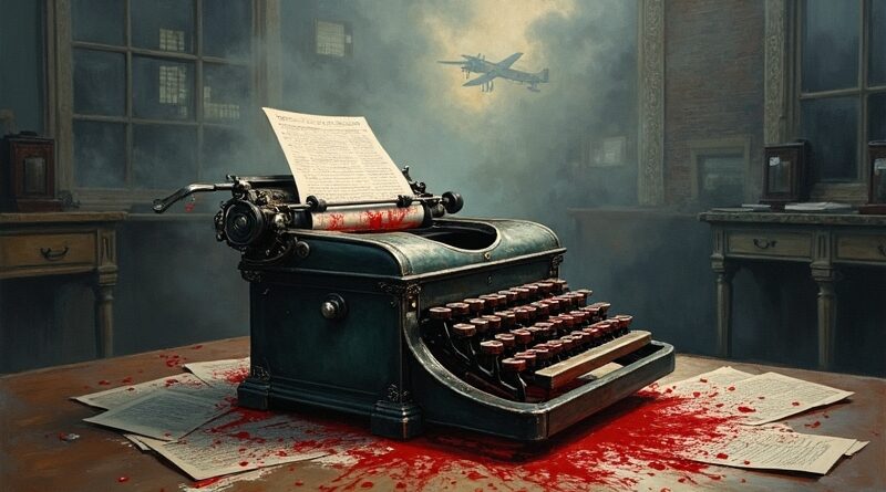 Melancholijna wizja: maszyna do pisania, krew zamieniająca się w cyfrowy kod w pixelowym newsroomie.