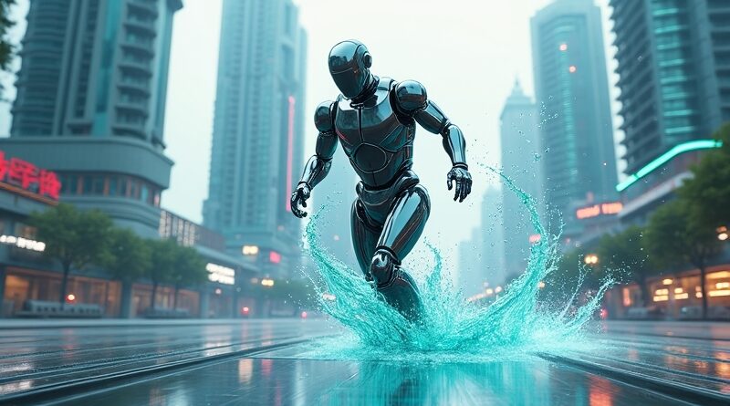 Futurystyczny robot humanoidalny biegnie przez Pekin, otoczony chłodzącą cieczą. Szybkość, technologia, przyszłość.