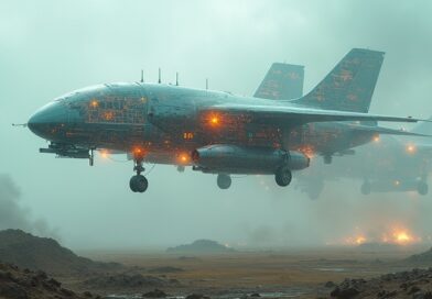 Eteryczna sieć dronów i robotów nad zniszczonym krajobrazem, symbolizująca nowy rozdział wojny materiałowej.