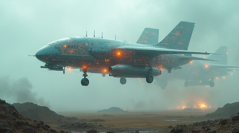 Eteryczna sieć dronów i robotów nad zniszczonym krajobrazem, symbolizująca nowy rozdział wojny materiałowej.