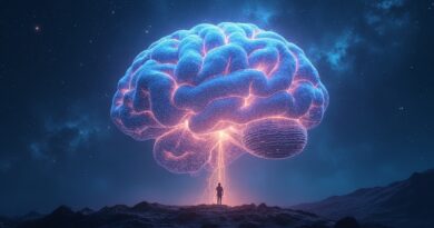 Mózg-nebula w kosmosie, symbol narodzin cyfrowej inteligencji. Sylwetka figury kontempluje przyszłość AI.