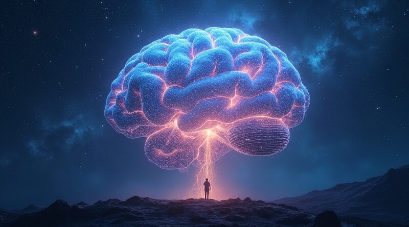 Mózg-nebula w kosmosie, symbol narodzin cyfrowej inteligencji. Sylwetka figury kontempluje przyszłość AI.