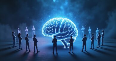 Świecący mózg z neuronami prowadzącymi do szesnastu postaci w zadumie na tle kosmicznej mgławicy.