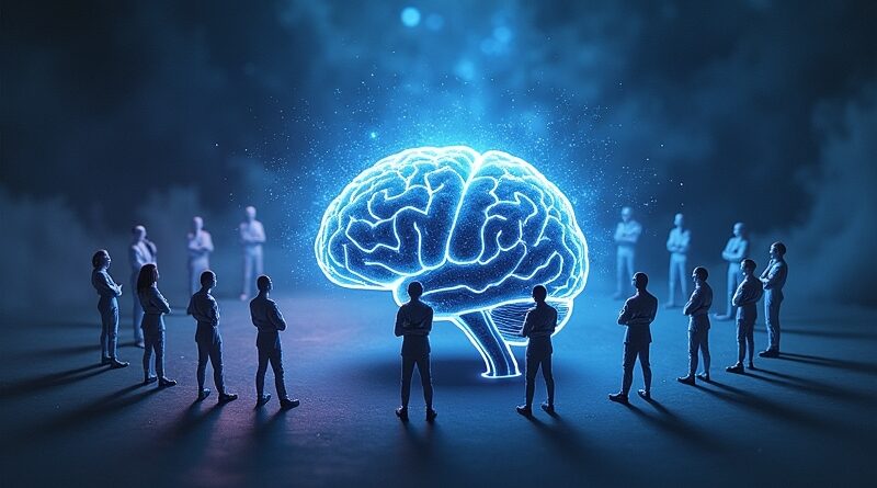 Świecący mózg z neuronami prowadzącymi do szesnastu postaci w zadumie na tle kosmicznej mgławicy.