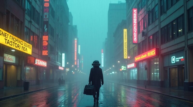 Zniszczone gogle VR i samotna postać w deszczowym, cyberpunkowym mieście. Meta podnosi ceny Quest.