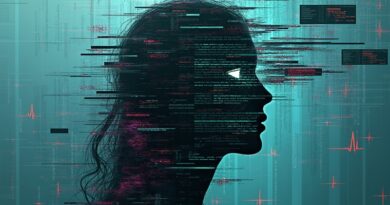 Zdigitalizowana postać z danymi medycznymi, symbolizuje utratę prywatności i ryzyko związane z AI w medycynie.