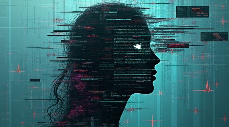 Zdigitalizowana postać z danymi medycznymi, symbolizuje utratę prywatności i ryzyko związane z AI w medycynie.