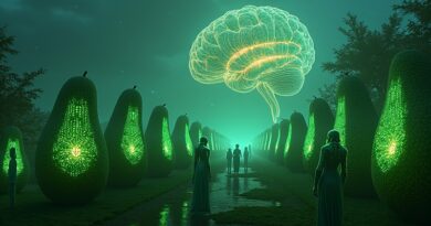 Awokadowy sad przyszłości, awokado z obwodami, postacie AI w cyfrowym zmierzchu. Alternatywa: Awokado, AI i Paricado - tajny projekt Mety w surrealistycznym ujęciu.