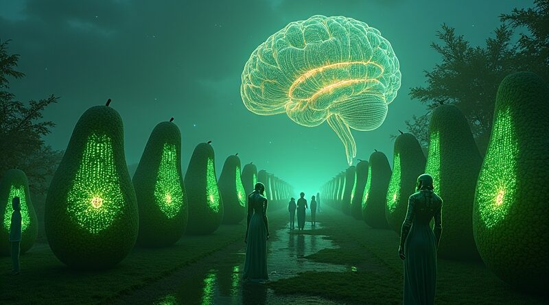 Awokadowy sad przyszłości, awokado z obwodami, postacie AI w cyfrowym zmierzchu. Alternatywa: Awokado, AI i Paricado - tajny projekt Mety w surrealistycznym ujęciu.