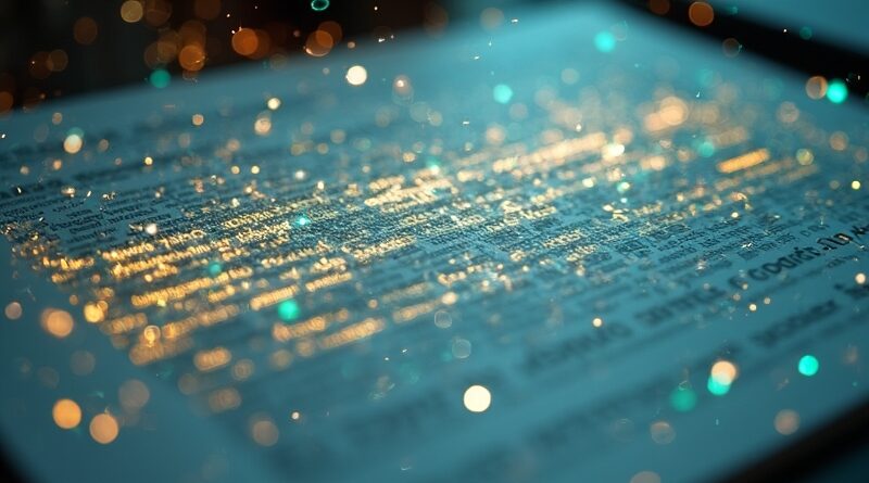 Cyfrowo przedstawiony dokument Word z subtelnymi, świecącymi liniami kodu i sugestie AI.