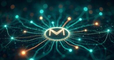 Abstrakcyjna sieć połączeń z luminescencyjnymi punktami danych i pulsującymi liniami, w centrum stylizowane "M" Microsoft.