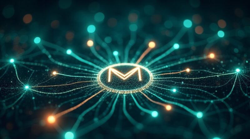 Abstrakcyjna sieć połączeń z luminescencyjnymi punktami danych i pulsującymi liniami, w centrum stylizowane "M" Microsoft.