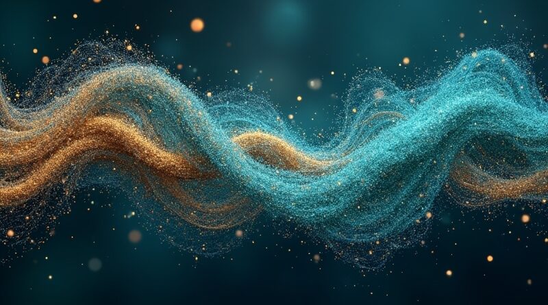 Fale dźwiękowe reprezentujące głosy i języki łączące się w cyfrowej sieci. Kluczowe kolory: niebieski, zielony, złoty.