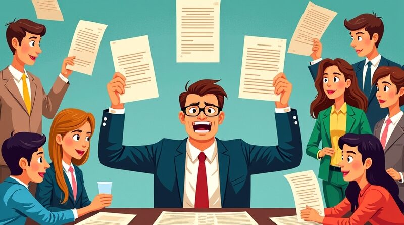 Przerysowany biznesmen zasypany papierami, otoczony przez kreskówkowe postacie z ostrzeżeniami prawnymi. AI: rozrywka kontra odpowiedzialność.