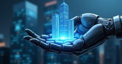 Futurystyczna, robotyczna dłoń wyłania się z logo Windows, chwytając wieżowiec. Symbol bezpieczeństwa AI Microsoft.