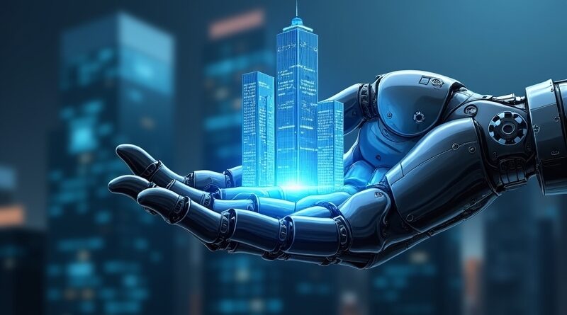 Futurystyczna, robotyczna dłoń wyłania się z logo Windows, chwytając wieżowiec. Symbol bezpieczeństwa AI Microsoft.