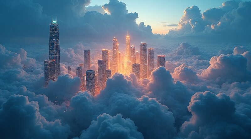 Chmura danych przeobraża się w uporządkowane miasto światła IaC, od chaosu do architektury.