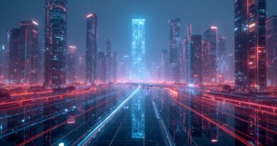 Abstrakcyjna, futurystyczna metropolia skąpana w neonach, symbolizująca przyszłość inżynierii oprogramowania z wykorzystaniem AI.