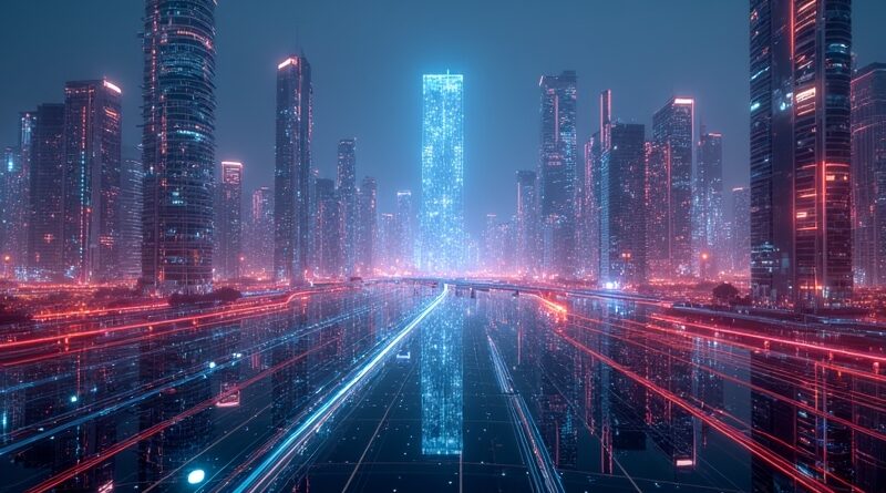 Abstrakcyjna, futurystyczna metropolia skąpana w neonach, symbolizująca przyszłość inżynierii oprogramowania z wykorzystaniem AI.