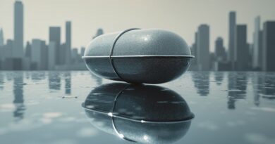 Połyskująca pigułka odbita w zniekształcającym lustrze ukazuje cyfrowy chaos Medvi i sfabrykowany sukces.