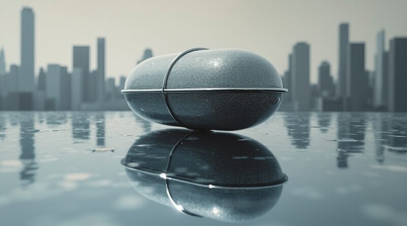 Połyskująca pigułka odbita w zniekształcającym lustrze ukazuje cyfrowy chaos Medvi i sfabrykowany sukces.