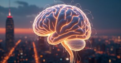 Abstrakcyjny mózg cyfrowy z sieci neuronowych na tle futurystycznego miasta o świcie. Złoto-niebieska iluminacja, zaawansowana technologia.