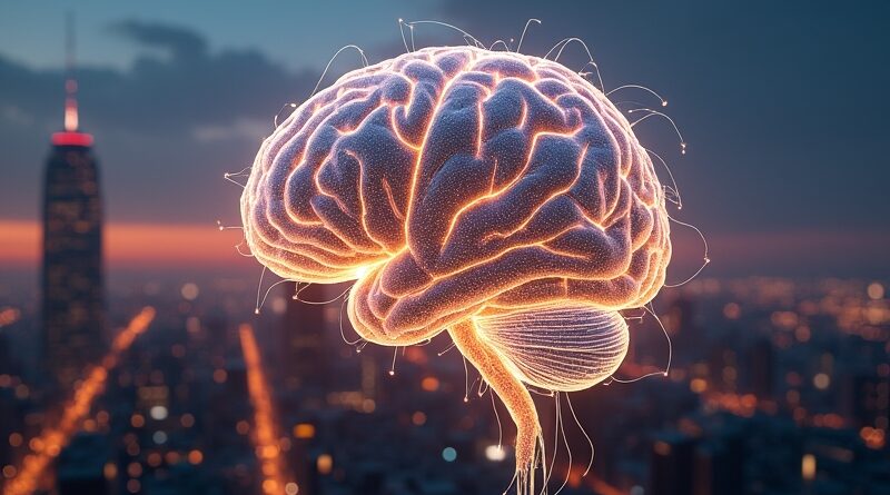 Abstrakcyjny mózg cyfrowy z sieci neuronowych na tle futurystycznego miasta o świcie. Złoto-niebieska iluminacja, zaawansowana technologia.