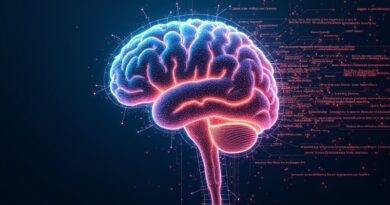 Abstrakcyjny mózg cyfrowy z kodem. Neuronowe ścieżki symbolizują logikę i obliczenia. Żywe kolory, wysoka rozdzielczość.