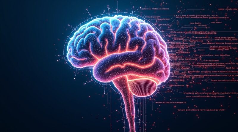 Abstrakcyjny mózg cyfrowy z kodem. Neuronowe ścieżki symbolizują logikę i obliczenia. Żywe kolory, wysoka rozdzielczość.