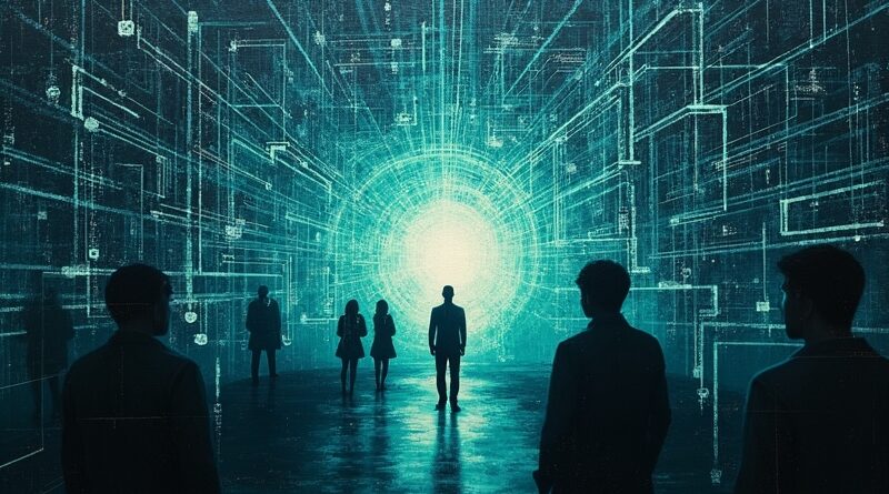 Abstrakcyjny labirynt danych, prowadzący do ciemnego ekranu. Metafora zawodności inteligentnych agentów.