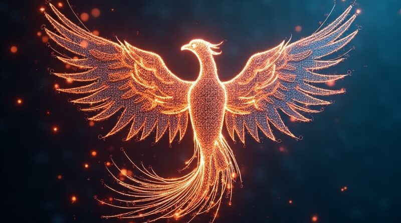 Stylizowany feniks z obwodów drukowanych i kodu binarnego wydobywa się z metalowej klatki, symbolizując Muse Spark Mety.