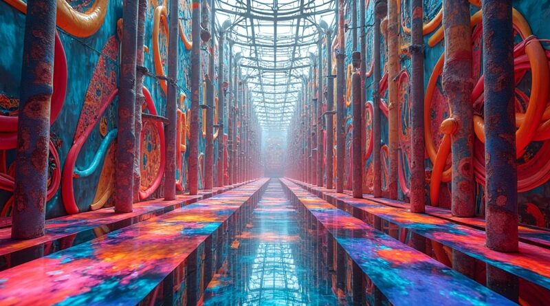 Abstrakcyjny, kolorowy krajobraz dźwiękowy: muzyczny plac zabaw z interaktywnymi elementami AI.