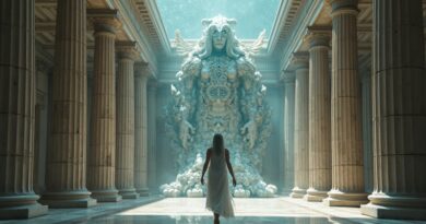 Eteryczny strażnik z kodu strzeże fortecy binarnej, mieszanka starożytnej Grecji i cyberpunku.