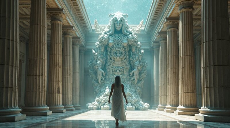 Eteryczny strażnik z kodu strzeże fortecy binarnej, mieszanka starożytnej Grecji i cyberpunku.