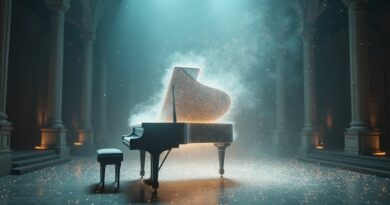 Rozmyte, znikające pianino otoczone poświatą na planie filmowym. Melancholijna iluzja, fotografia wysokiej rozdzielczości.