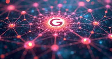 Abstrakcyjna sieć danych rozkwitająca jak cyfrowy ogród, z logo Google w centralnym punkcie.
