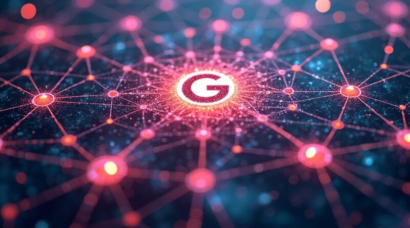Abstrakcyjna sieć danych rozkwitająca jak cyfrowy ogród, z logo Google w centralnym punkcie.