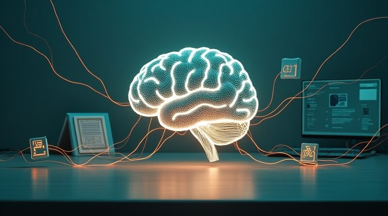 Świecący mózg połączony światłowodami z kalendarzem, dokumentem i przeglądarką. Koncepcja AI jako operatora w Notion.