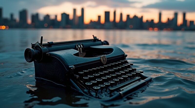 Zatopiona maszyna do pisania, klawisze zamieniają się w kod, w tle sylwetka Nowego Jorku.