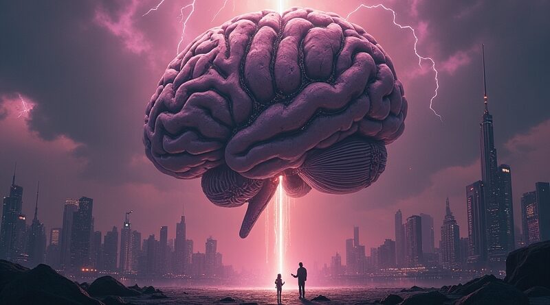 Olbrzymi, złowrogi mózg AI z chromu i biologicznej materii oświetla reportera w filmowo-noir mieście.