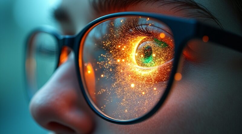 Abstrakcyjne okulary odbijają wirujące światło i dane, sugerując inteligentne okulary Apple napędzane AI.