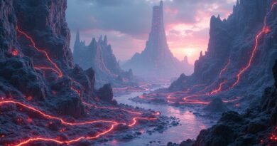 Abstrakcyjny pejzaż mózgu cyfrowego: ścieżki neuronowe, architektura, RAM, monolit AGI. Futurystyczna wizja AI.