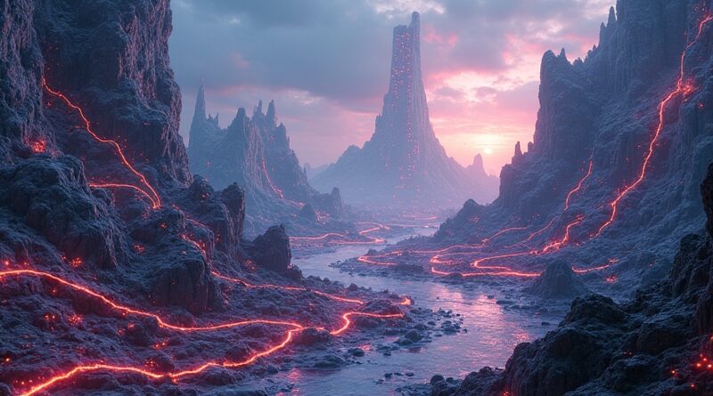 Abstrakcyjny pejzaż mózgu cyfrowego: ścieżki neuronowe, architektura, RAM, monolit AGI. Futurystyczna wizja AI.