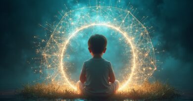 Dzieci w ochronnym, świetlistym kokonie AI, geometryczne wzory, subtelne cienie zagrożeń. Ochrona dzieci w erze AI.