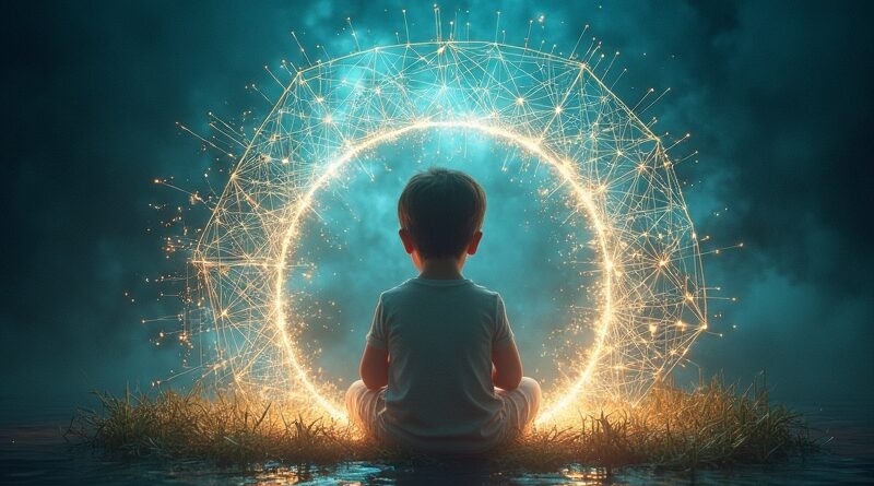 Dzieci w ochronnym, świetlistym kokonie AI, geometryczne wzory, subtelne cienie zagrożeń. Ochrona dzieci w erze AI.