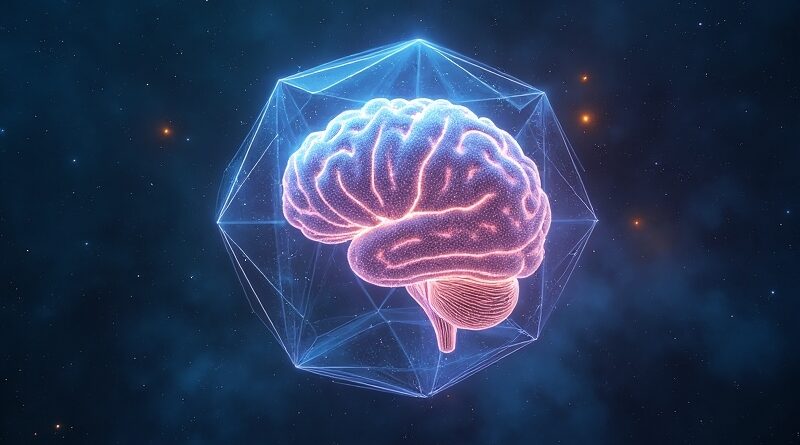 Świecący mózg w krystalicznej klatce w kosmosie, połączony kodem z odległymi serwerami.