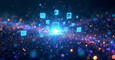 Abstrakcyjna wizja: binarny kod przechodzący w futurystyczne środowisko pracy dewelopera.