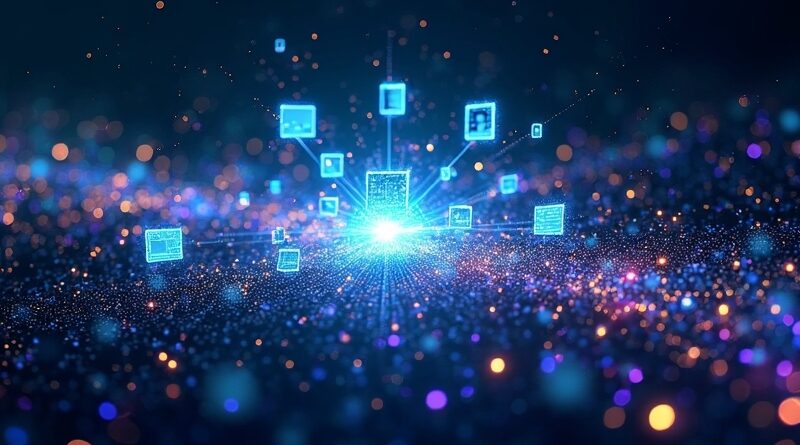 Abstrakcyjna wizja: binarny kod przechodzący w futurystyczne środowisko pracy dewelopera.