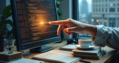 Cyfrowa dłoń z ekranu manipuluje książkami o kodowaniu i kawą na biurku. Miasto w tle.