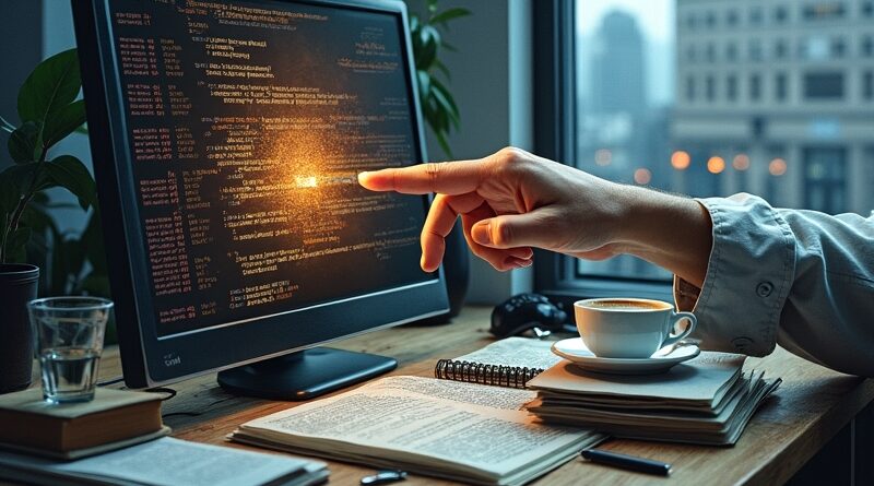 Cyfrowa dłoń z ekranu manipuluje książkami o kodowaniu i kawą na biurku. Miasto w tle.